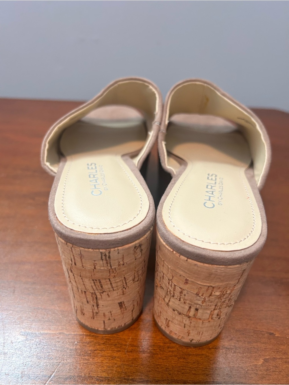 Charles by Charles David Taupe Suede Cork 3 inch Platform Wedge Mules 8M - Picture 5 of 10